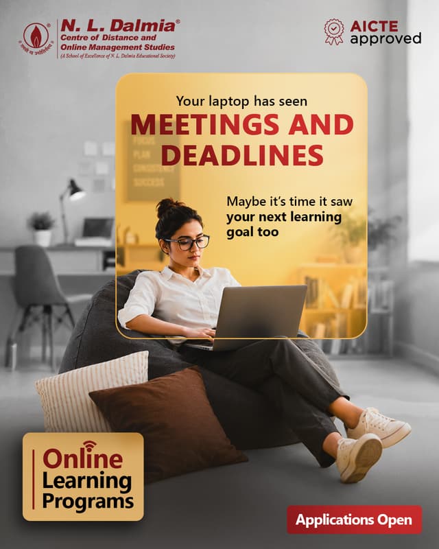 Your laptop has handled the meetings.
Now let it help you build new skills.
Learn at your own pace and take the next step towards your career goals with AICTE-approved Online Learning Programs from N. L. Dalmia.
Applications are now open. Know more – Link in bio.
.
.
.
.
.
#NLDalmia #NLDIMSR #OnlineLearning #AICTEApproved #DistanceLearning #CareerGrowth #Upskill #ProfessionalDevelopment #FlexibleLearning #HigherEducation #ManagementEducation #LifelongLearning #FutureReady #OnlineEducation #AdmissionsOpen