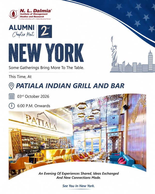 New York, we’ve found our place for the evening.
Some introductions begin on campus. Others happen years later, when the same alumni community finds itself in the same city. This October makes room for both — the people you already know and those you are yet to meet.
The 2nd Alumni Chapter Meet heads to Patiala Indian Grill & Bar for an evening over dinner with Dalmians across batches.
🗓️ 03rd October 2026
🕕 6:00 P.M. Onwards
📍 Patiala Indian Grill & Bar
New York Dalmians, your Saturday evening has a place to be.
Register through the link in our bio.
#NLDalmia #NLDIMSR #DalmianConnect #AlumniChapterMeet #NewYorkAlumni #NewYorkChapter #NLDalmiaAlumni #AlumniNetworking