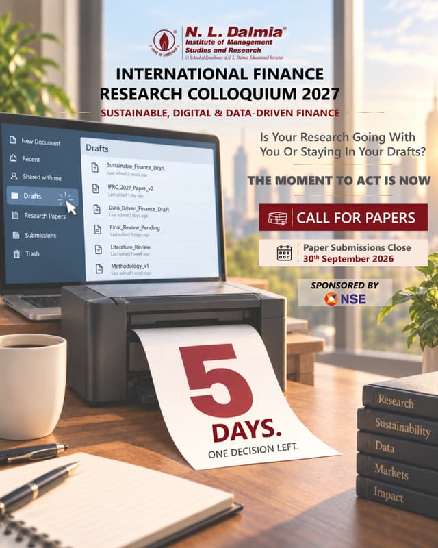 Five days left to bring your research into the conversation.
IFRC 2027's paper submission window closes 30th Sept 2026 — bring your work to a global academic platform.
📝 Deadline: 30th Sept 2026
🗓️ IFRC 2027: 27th–30th Jan 2027
🔗 Submit your paper through the link in bio.
#IFRC2027 #NLDIMSR #FinanceResearch