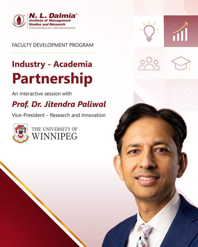 Connecting academic research with industry needs.
N. L. Dalmia Institute of Management Studies and Research (NLDIMSR) hosted Prof. Dr. Jitendra Paliwal, Vice-President – Research and Innovation, University of Winnipeg, Canada, for an interactive Faculty Development Program on “Industry–Academia Partnership.”
The session explored interdisciplinary collaboration, student involvement in applied research and the transformation of research ideas into practical outcomes. A notable example illustrated how a patented idea led to ten research papers and an industry application.
Discussions also highlighted the importance of developing innovative, sector-specific solutions and positioning domain-focused and location-focused research for wider global relevance and recognition.
We thank Prof. Dr. Jitendra Paliwal for sharing his valuable insights with our faculty members.
#NLDIMSR #FacultyDevelopmentProgram #IndustryAcademiaPartnership #ResearchAndInnovation