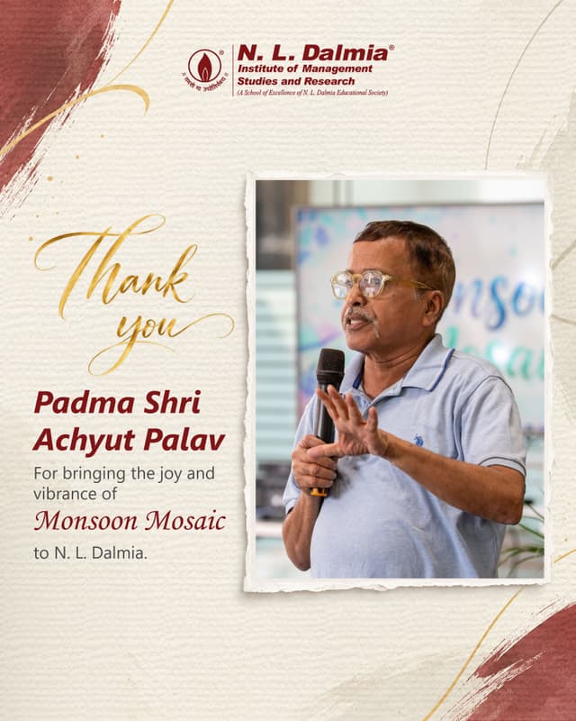 When creativity becomes an experience, it leaves more than an impression.
Founder’s Day at N. L. Dalmia took a creative turn with Monsoon Mosaic, an artistic session led by Padma Shri Achyut Palav that brought the N. L. Dalmia community together through colour, expression and creativity.
Designed as a refreshing pause from the everyday, the session offered the simple joy of creating something by hand. Umbrellas became canvases, ideas took shape in colour, and an artistic activity evolved into a shared moment of spontaneity and connection.
A day that made space for creativity, connection and the joy of creating together.
#NLDalmia #NLDIMSR #MonsoonMosaic #FoundersDay #CampusCulture #CreativeExpression